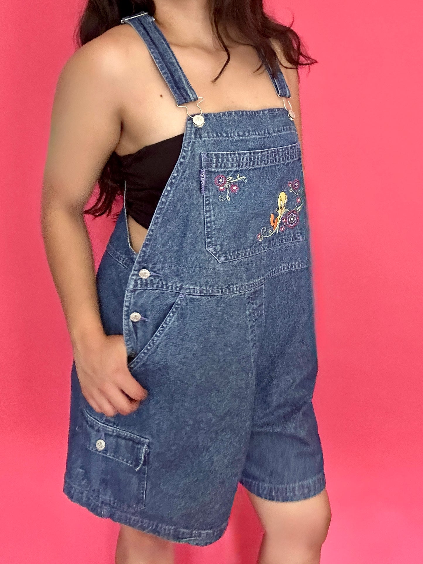 Y2K Tweety Denim Short Overalls (14W/16W)