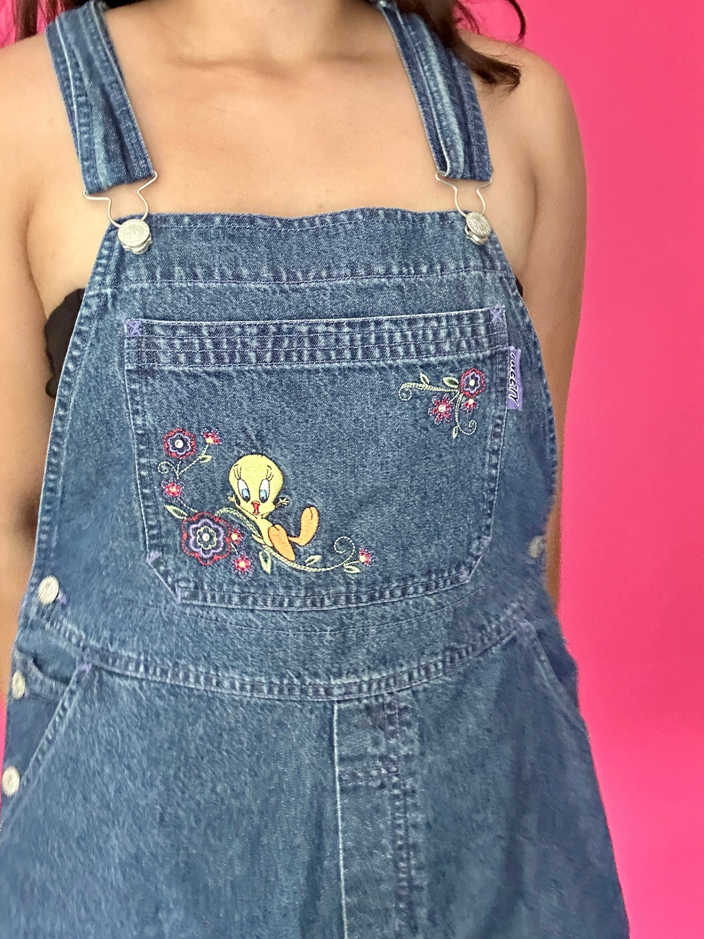 Y2K Tweety Denim Short Overalls (14W/16W)