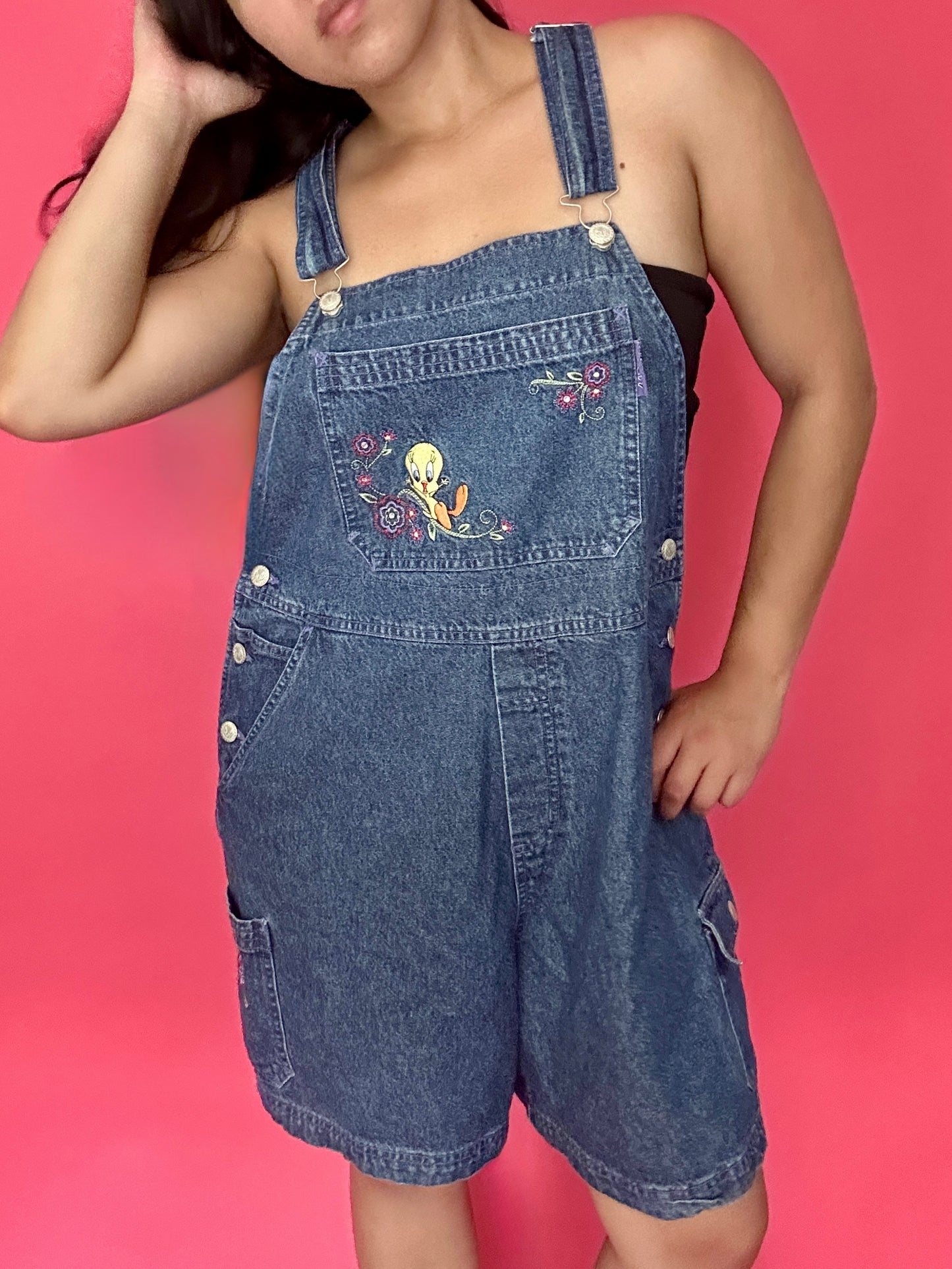 Y2K Tweety Denim Short Overalls (14W/16W)