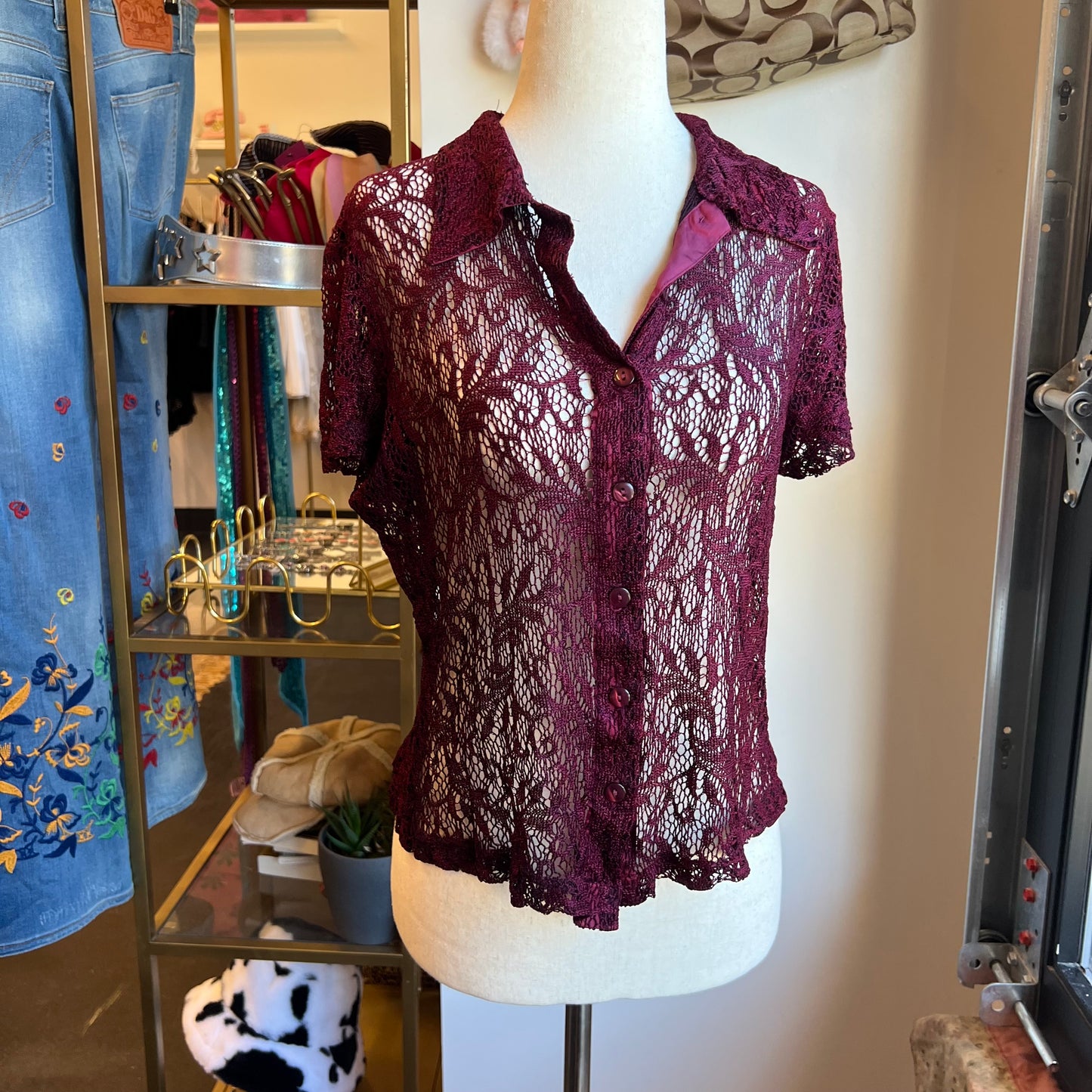 Vintage 90s Maroon Fully Sheer Lace Button Front Top (L)