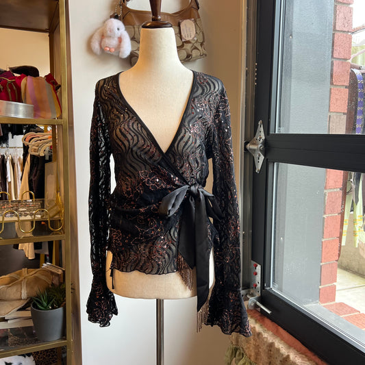 Vintage Sheer Wrap Top WIth Bronze Glitter And Sequin (M/L)