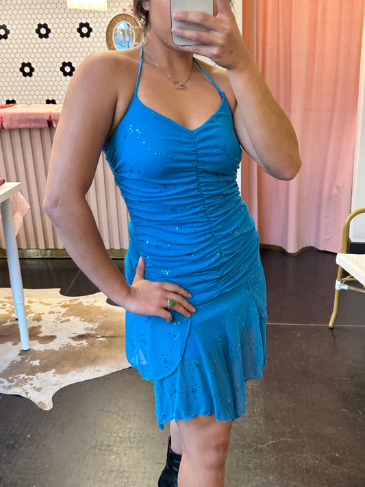 Y2K Hi-Sense Blue Ruched Halter Dress (S)