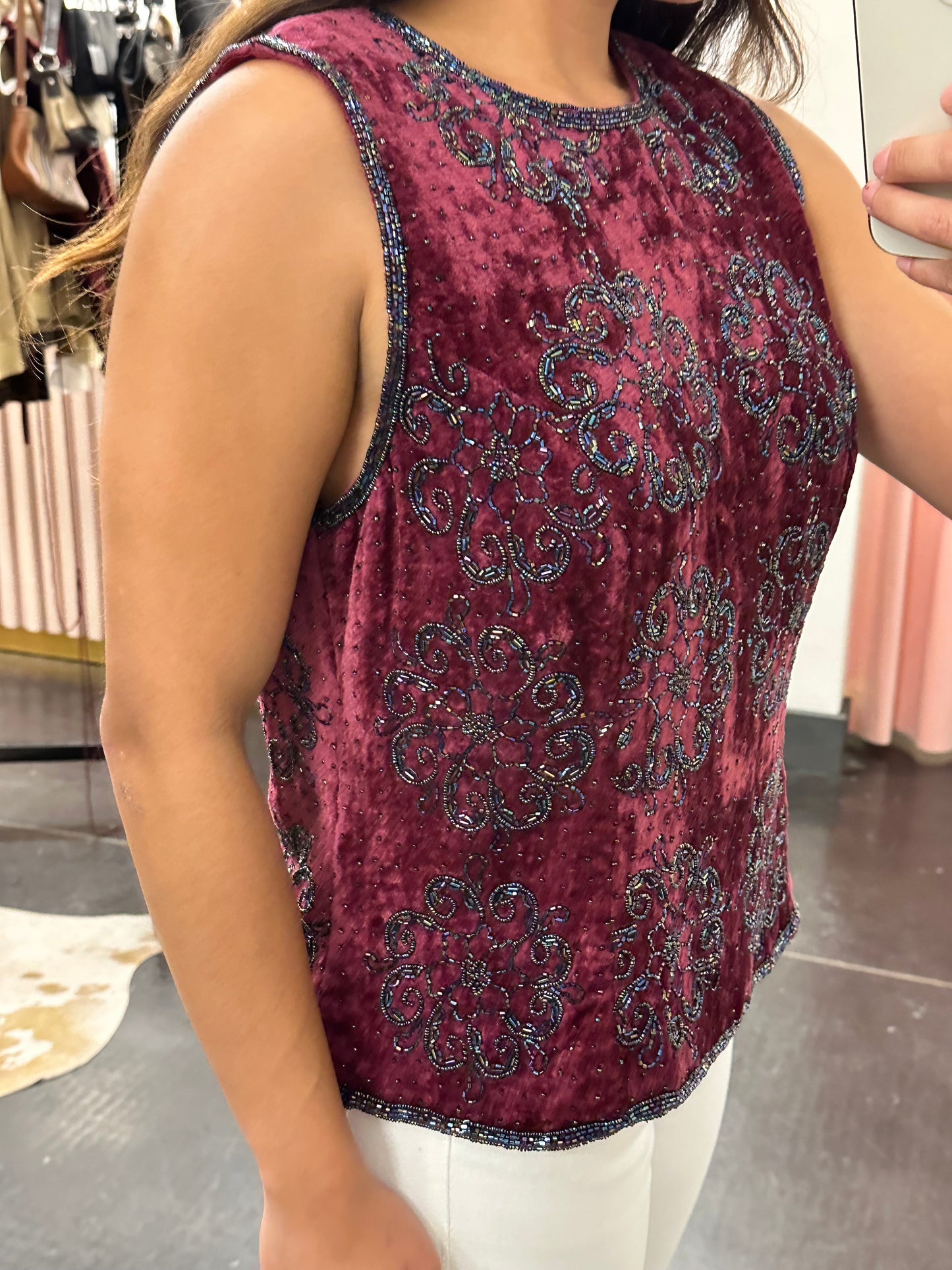 90s Red Velvet Beaded Top (L)