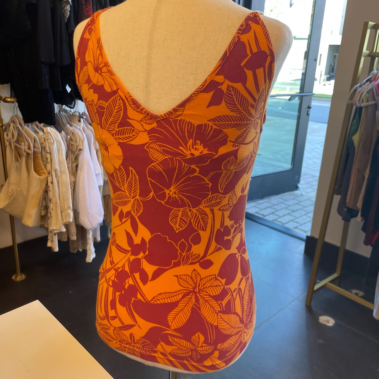 Tco. Leaf Printed Orange Cotton Tank (S)