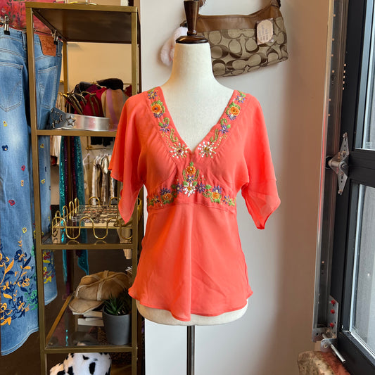 Vintage Silk Y2k Coral Pink Embroidered Boho Blouse (S)