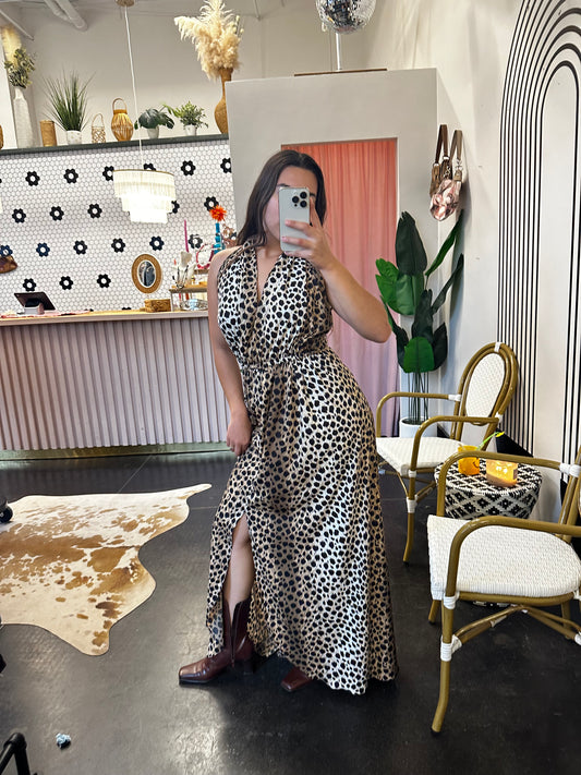 1980s Keyloun Halter Cheetah Maxi Dress (1X)