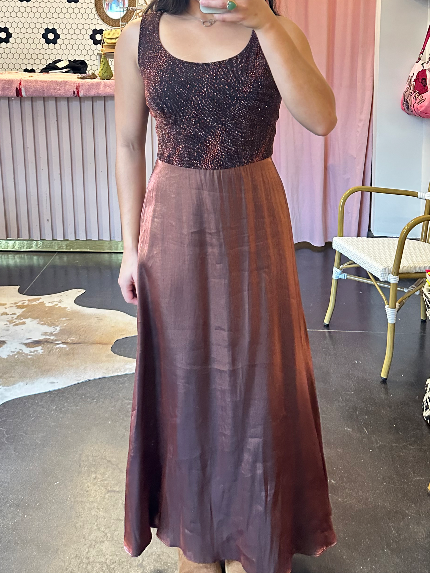 1980s Chestnut Glitter Maxi Dress (8)