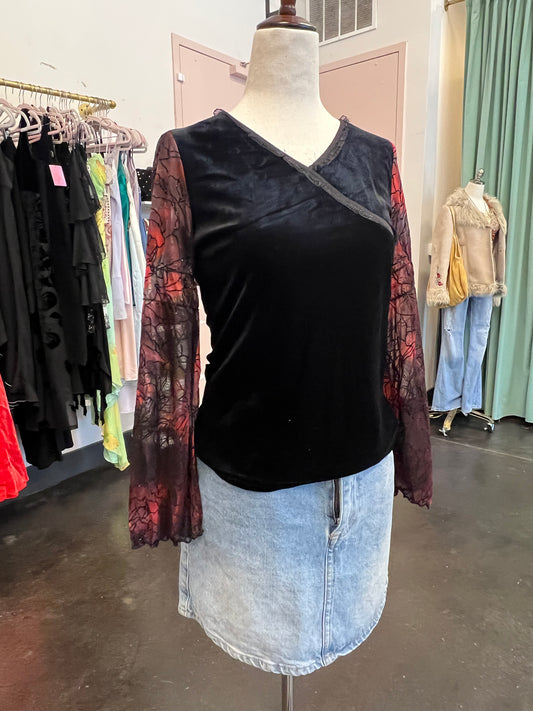 Y2k Black Velvet Sheer Sleeve Top (S)