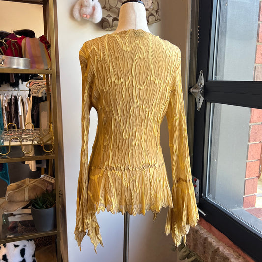 Vintage 90s Crinkle Golden Top With Peak Sleeves And Hem (M)