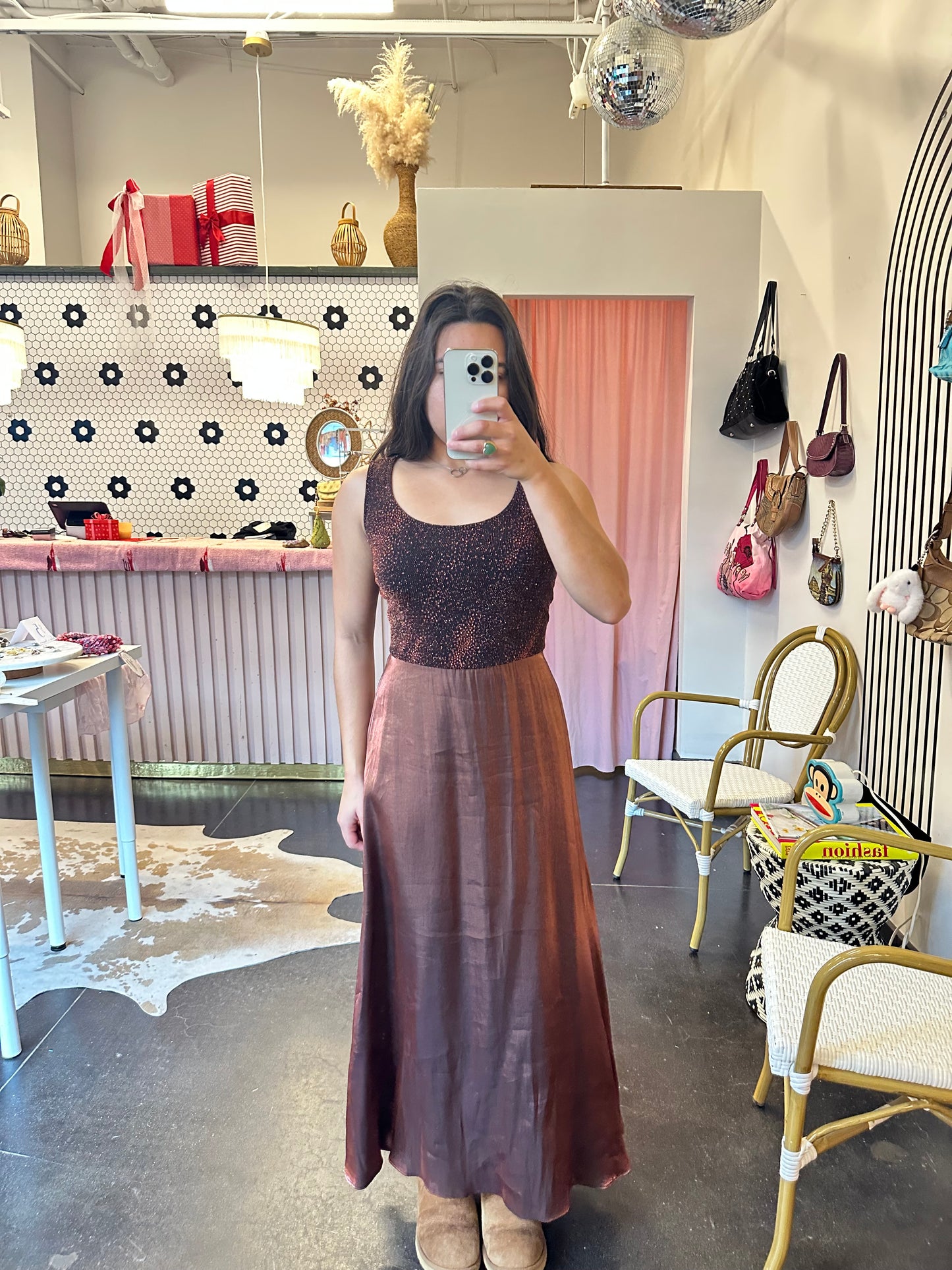 1980s Chestnut Glitter Maxi Dress (8)