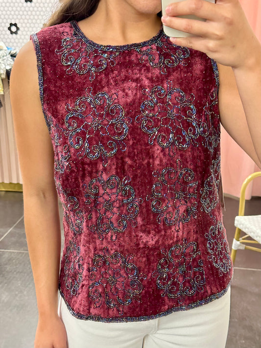 90s Red Velvet Beaded Top (L)