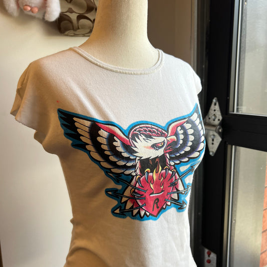 Vintage 90s Graphic Baby Tee With Screaming Eagle Print  (XS)