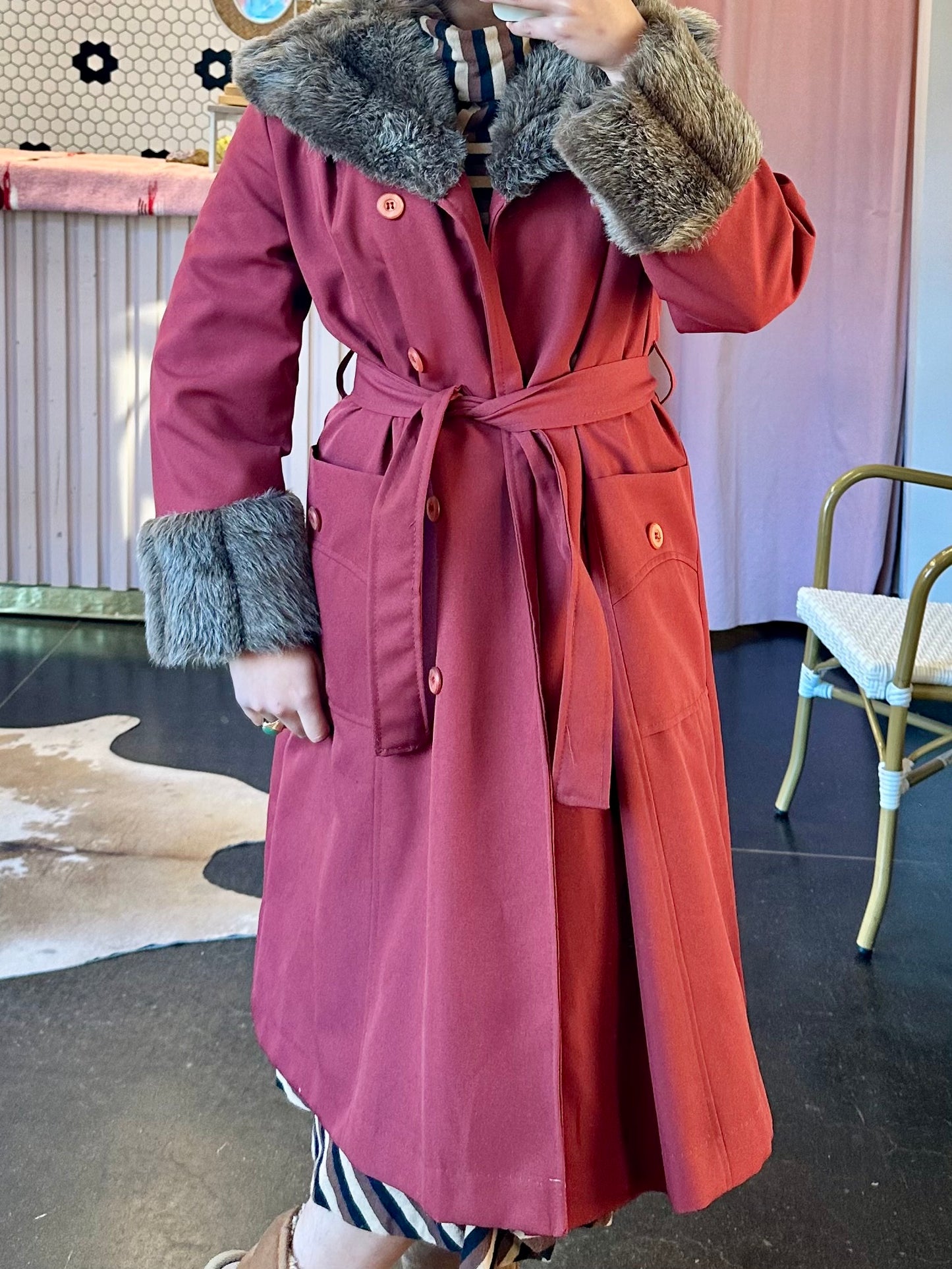 Vintage Burgundy Quilted Fur Trim Belted Coat