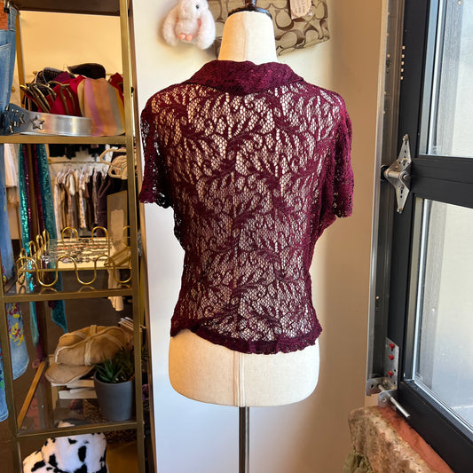 Vintage 90s Maroon Fully Sheer Lace Button Front Top (L)