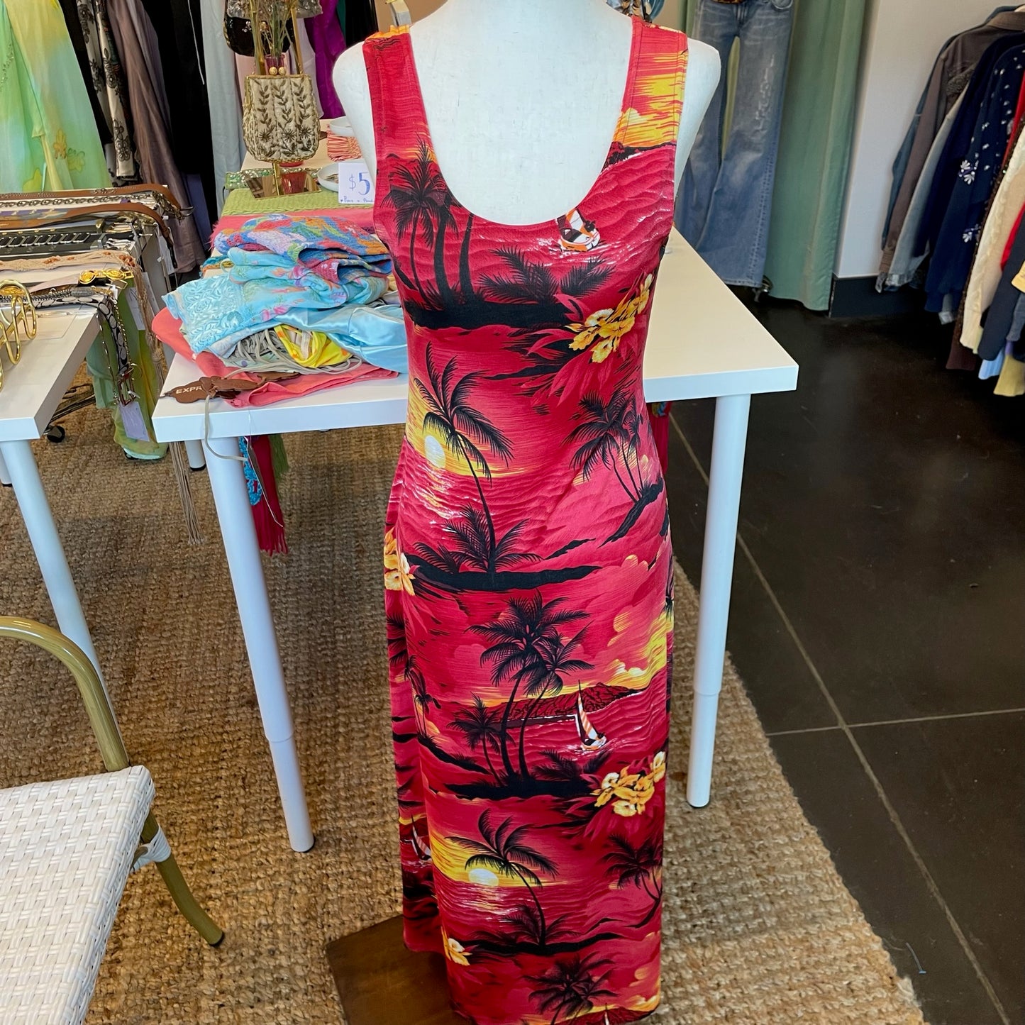 Y2K Maxi Tropical Red Sunset Dress (L)