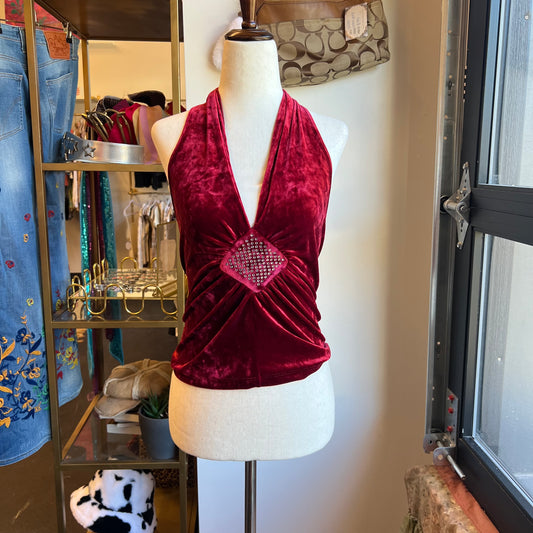 Vintage Deep Red Velvet Halter Top (M)