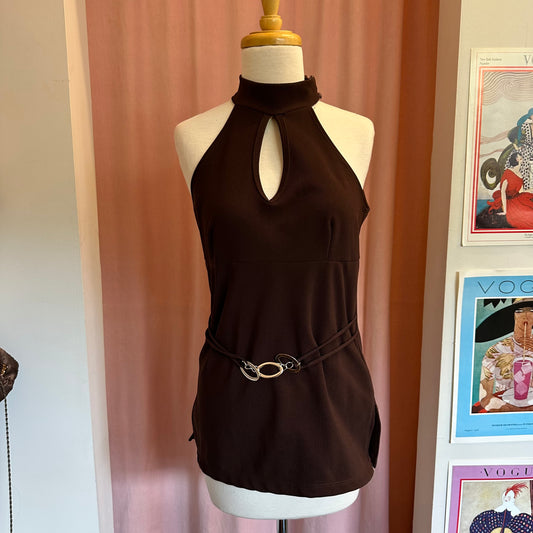 Brown High Neck Cutout Top (M)