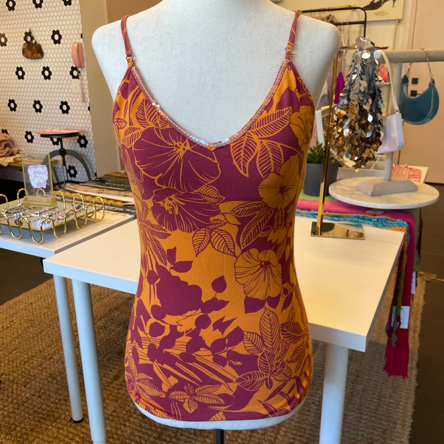 Tco. Leaf Printed Orange Cotton Tank (S)