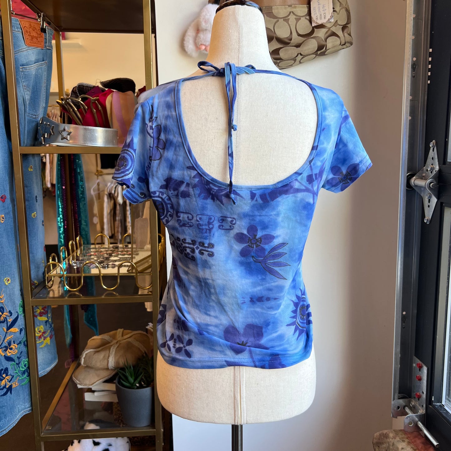 Vintage 90s Open Back Sheer Mesh Blue Printed Top Grunge (M)