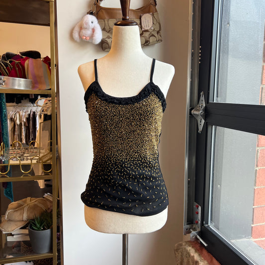 Vintage 90s Black Camisole Top With Embellished Gold Beading (S)