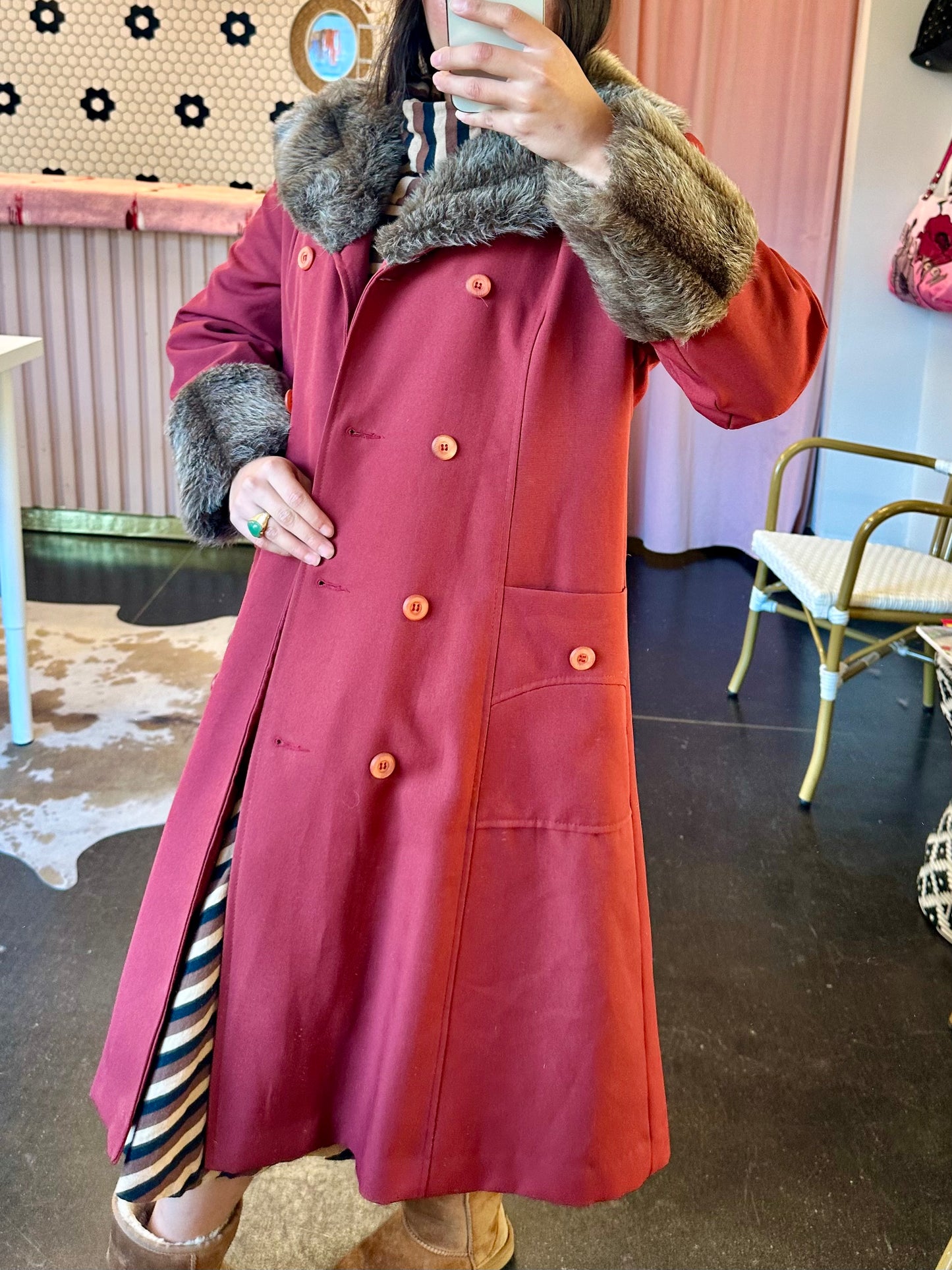 Vintage Burgundy Quilted Fur Trim Belted Coat