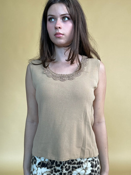 Essential Tan Crochet Collar Top (XL)