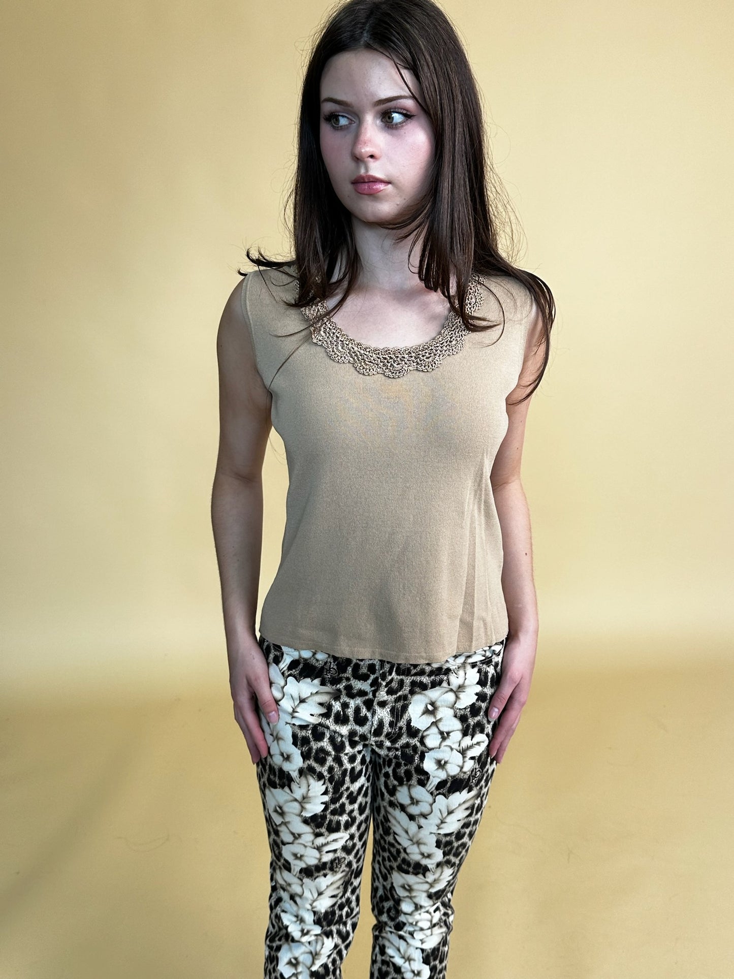 Essential Tan Crochet Collar Top (XL)