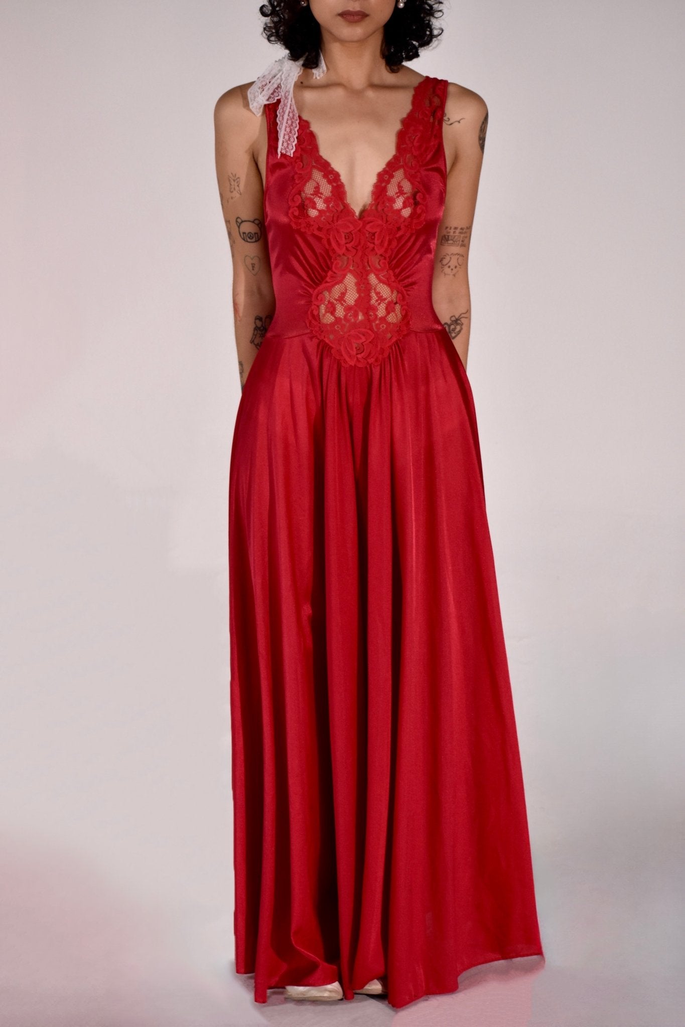 80s Red Maxi Slip Dress Gown (S) - Esita The Label