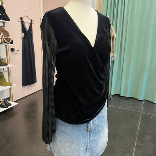 90s Black Sheer Sleeve Velvet Top (M) - Esita The Label