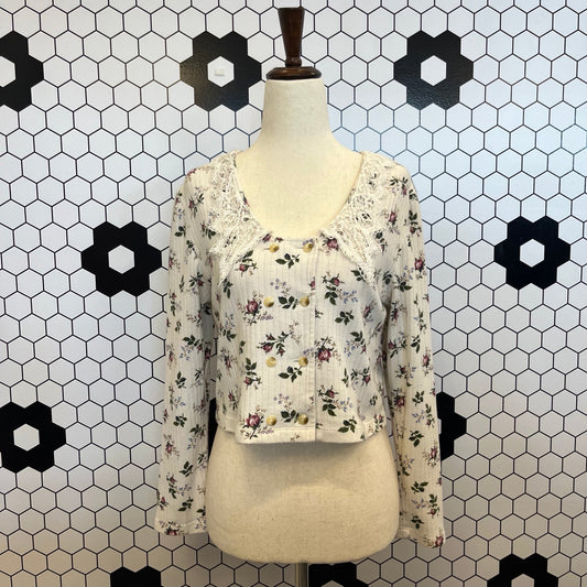 90's Landon West White Flower Design Top (S) - Esita The Label