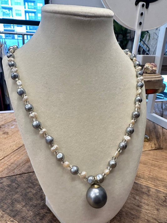 Gray & White Beaded Long Necklace - Esita The Label